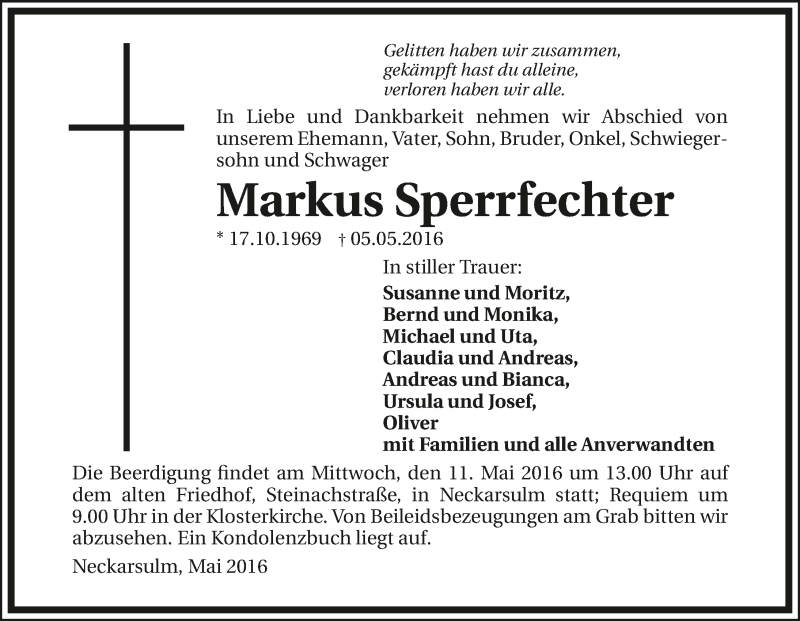  Traueranzeige für Markus Sperrfechter vom 09.05.2016 aus 