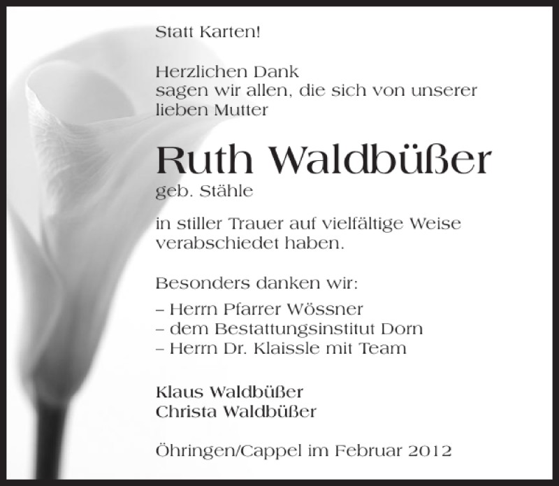  Traueranzeige für Ruth geb. Stähle Waldbüßer vom 18.02.2012 aus 