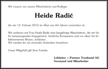 Traueranzeige von Heide Radic 