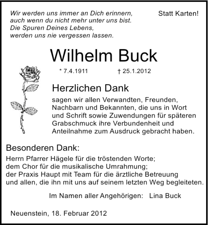  Traueranzeige für Wilhelm Buck vom 18.02.2012 aus 
