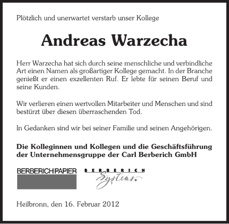  Traueranzeige für Andreas Warzecha vom 18.02.2012 aus 