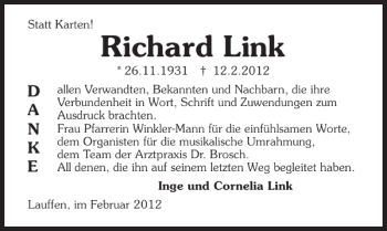 Traueranzeige von StattKartenRichardLink26.11.193112.2.2012DANKE allen 