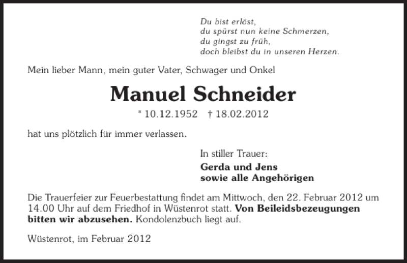  Traueranzeige für Manuel Schneider vom 20.02.2012 aus 