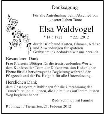 Traueranzeige von Elsa Waldvogel 