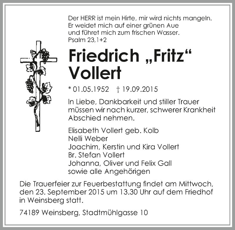  Traueranzeige für Friedrich Vollert vom 21.09.2015 aus 