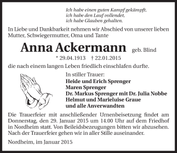 Traueranzeige von Anna Ackermann 