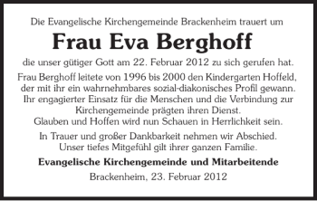 Traueranzeige von Frau Eva Berghoff 