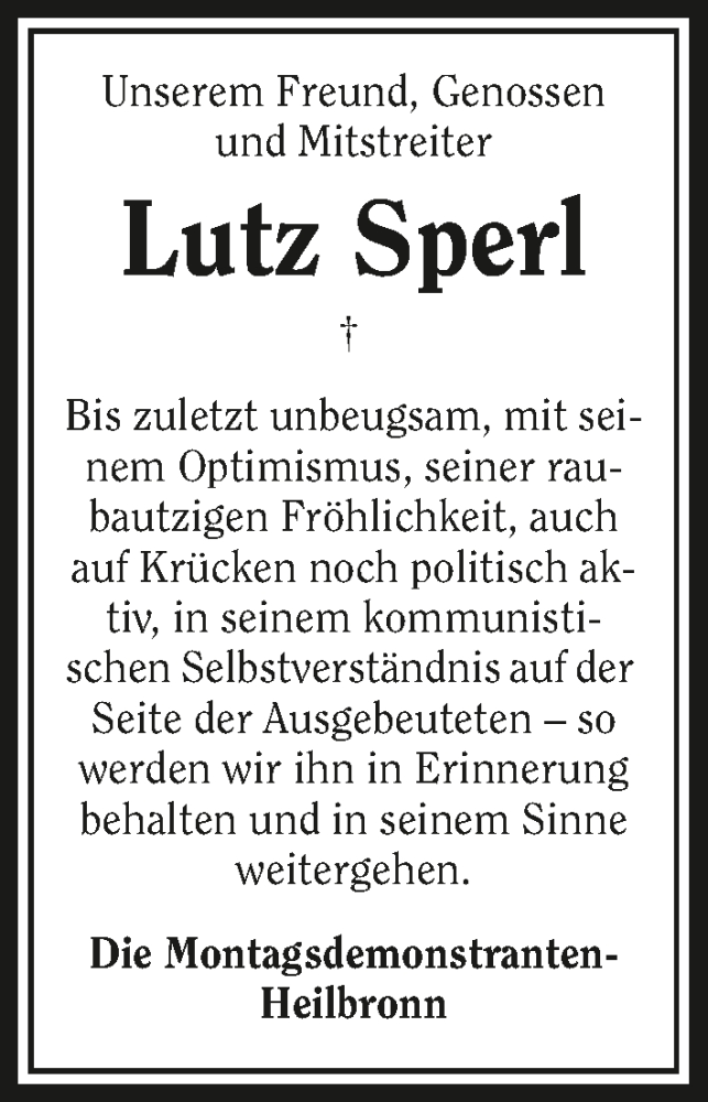  Traueranzeige für Lutz Sperl vom 29.06.2015 aus 