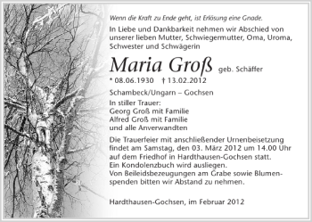 Traueranzeige von Groß Maria 