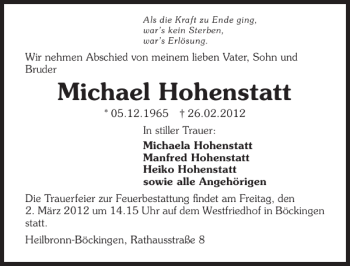 Traueranzeige von Michael Hohenstatt 