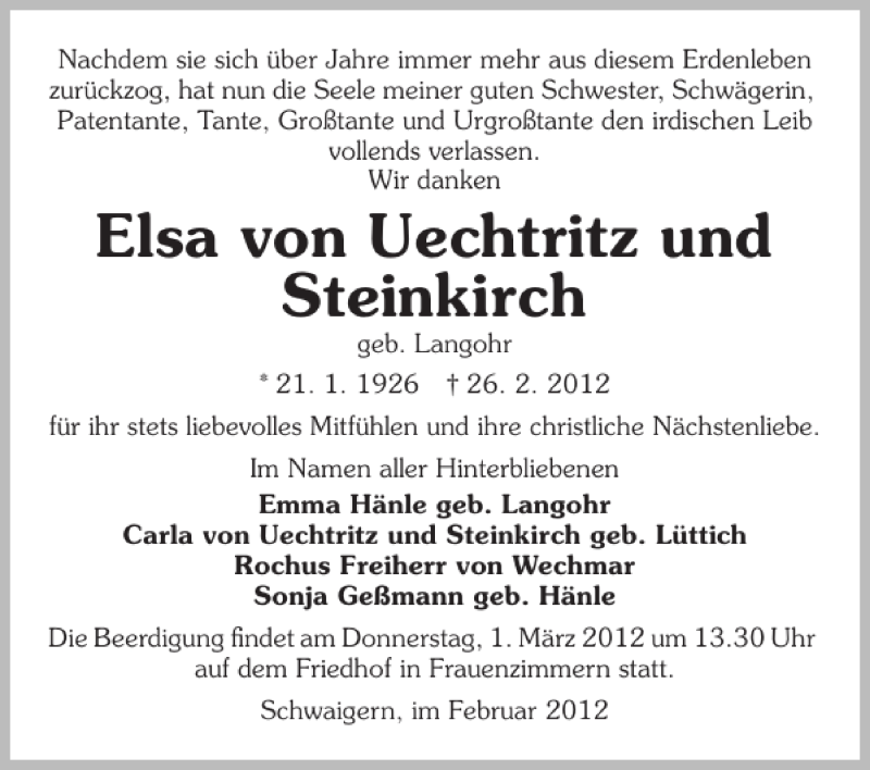  Traueranzeige für ElsavonUechtritzund Steinkirch vom 29.02.2012 aus 
