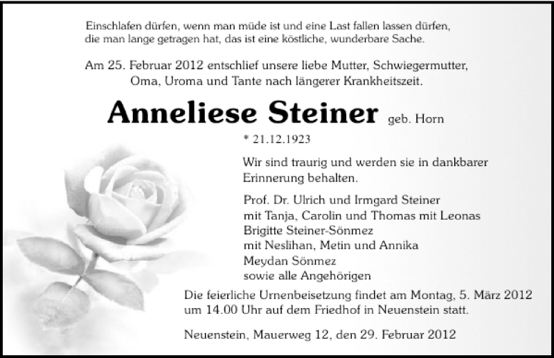  Traueranzeige für Anneliese Steiner vom 29.02.2012 aus 