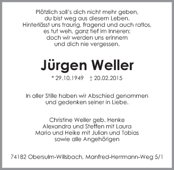 Traueranzeige von Jürgen Weller 