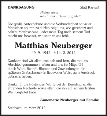 Traueranzeige von Matthias Neuberger 