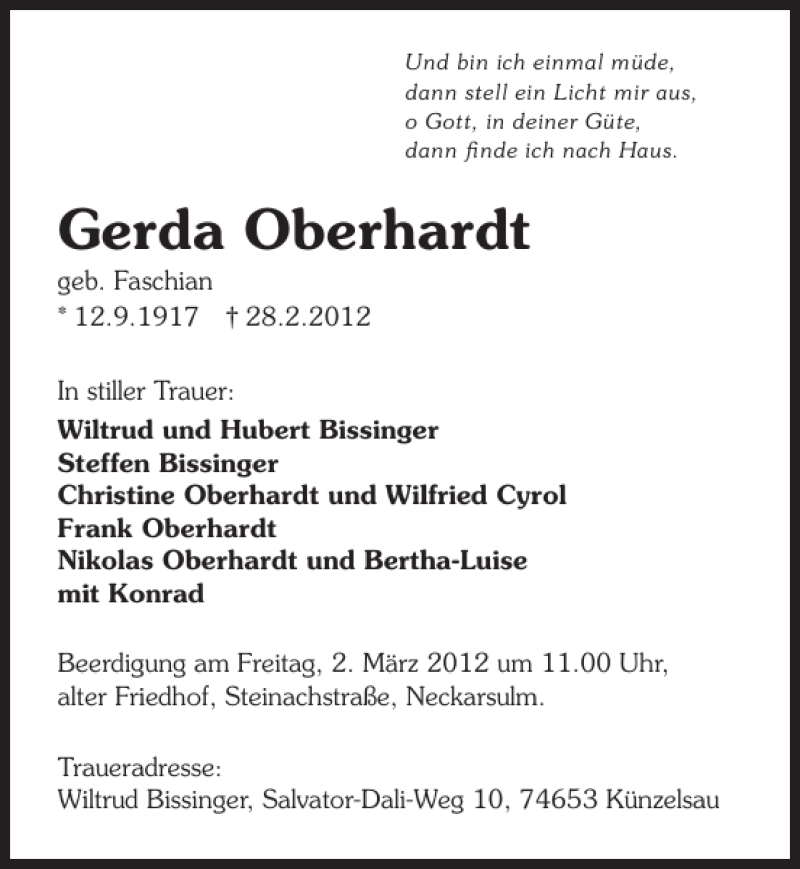  Traueranzeige für Gerda Oberhardt vom 01.03.2012 aus 