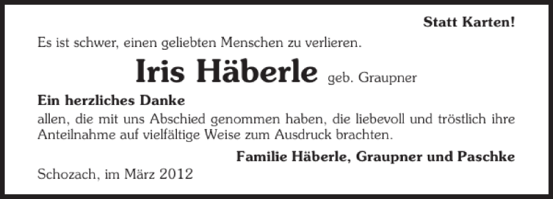  Traueranzeige für Iris Häberle vom 03.03.2012 aus 