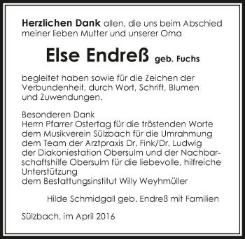 Traueranzeige von Else Endreß 