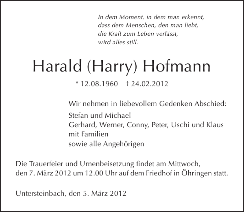  Traueranzeige für Harald (Harry) Hofmann vom 05.03.2012 aus 
