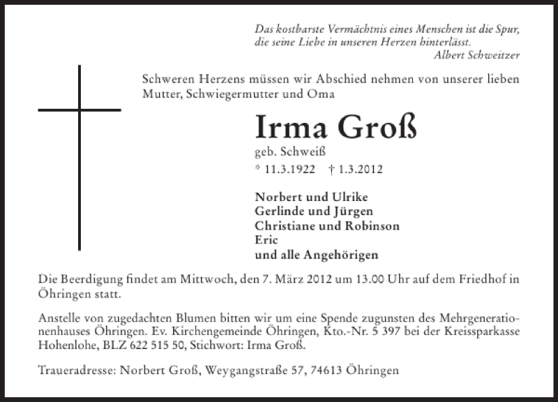  Traueranzeige für Irma Groß vom 05.03.2012 aus 