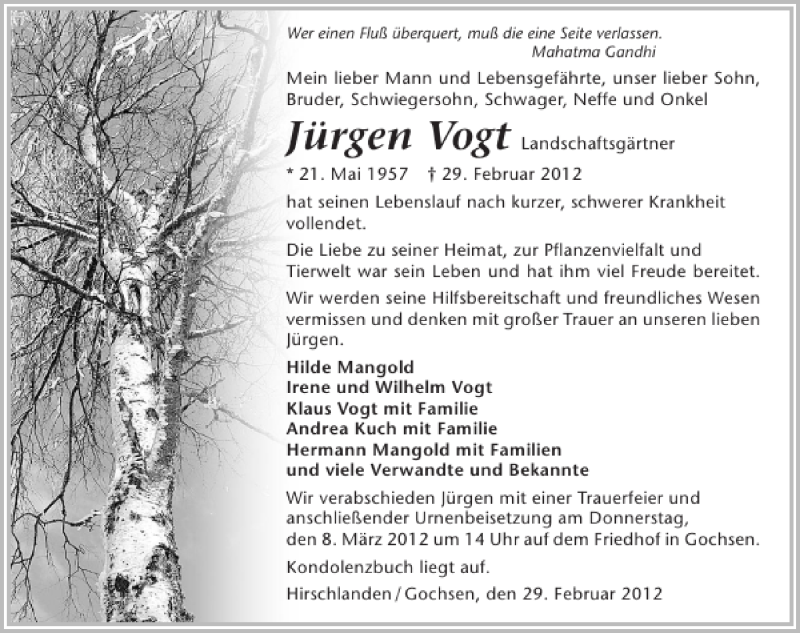  Traueranzeige für Jürgen Vogt vom 06.03.2012 aus 