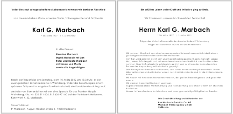  Traueranzeige für Karl G. Marbach vom 06.03.2012 aus 