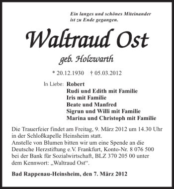 Traueranzeige von Waltraud Ost 
