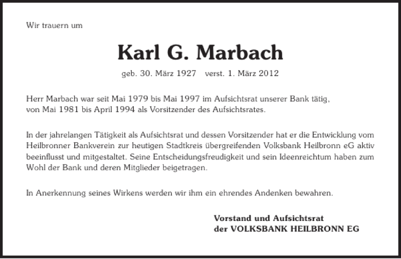  Traueranzeige für Karl G. Marbach vom 07.03.2012 aus 
