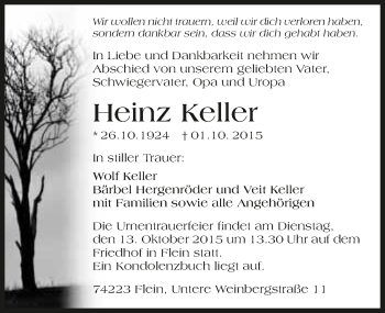 Traueranzeige von Heinz Keller 