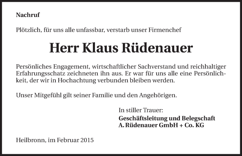 Traueranzeige für Klaus Rüdenauer vom 13.02.2015 aus 