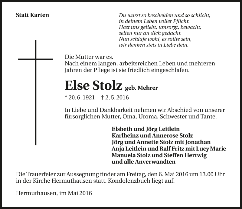  Traueranzeige für Else Stolz vom 04.05.2016 aus 