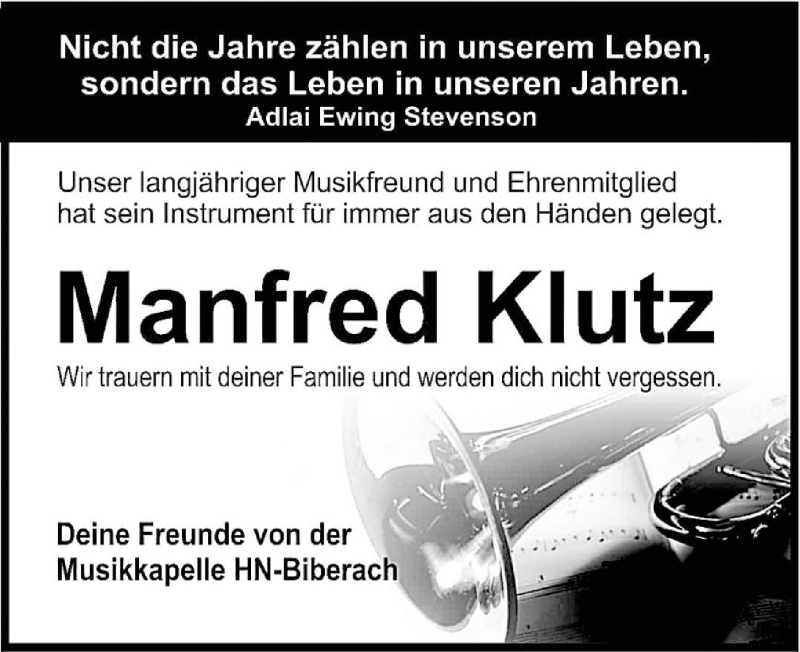  Traueranzeige für Manfred Klutz vom 23.05.2015 aus 