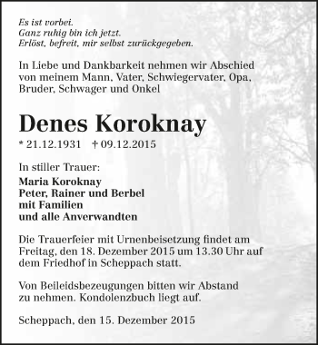 Traueranzeige von Denes Koroknay 