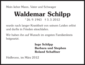Traueranzeige von Waldemar Schilpp 
