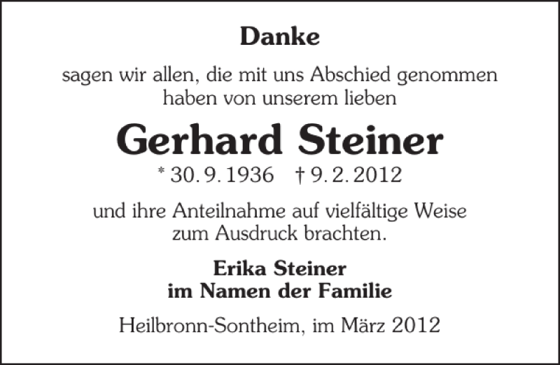  Traueranzeige für Gerhard Steiner vom 13.03.2012 aus 