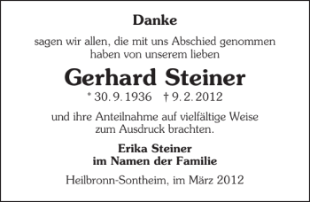 Traueranzeige von Gerhard Steiner 