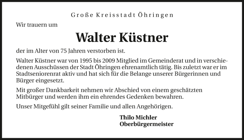  Traueranzeige für Walter Küstner vom 30.10.2015 aus 