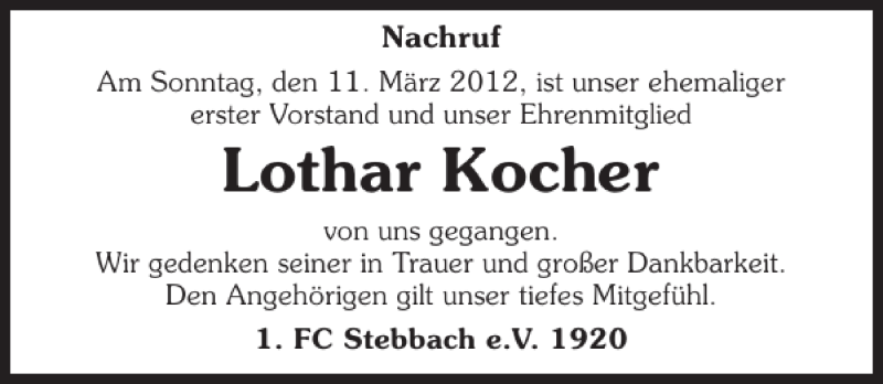  Traueranzeige für Lothar Kocher vom 14.03.2012 aus 