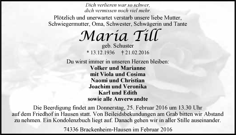  Traueranzeige für Maria Till vom 23.02.2016 aus 