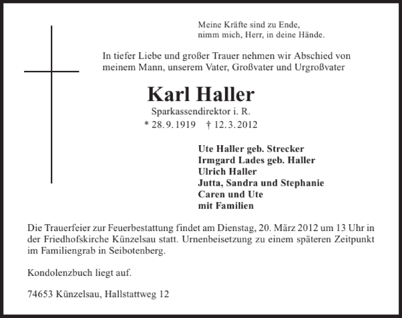  Traueranzeige für Karl Haller vom 16.03.2012 aus 