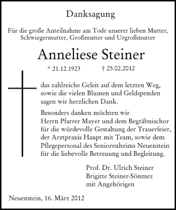 Traueranzeige von Anneliese Steiner 