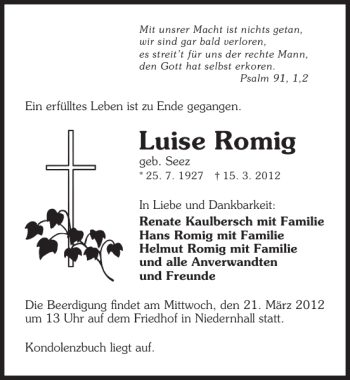 Traueranzeige von Luise Romig 