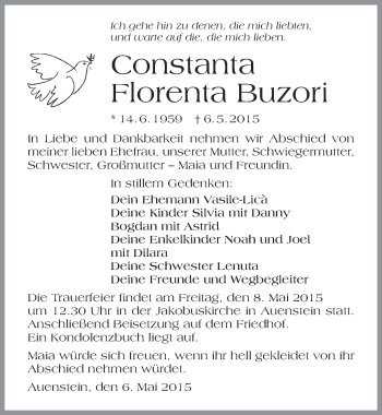 Traueranzeige von Constanta   Florenta Buzori 