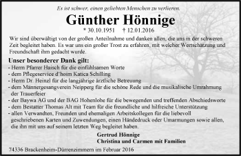 Traueranzeige von Günther Hönnige 