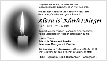 Traueranzeige von Klara Rieger 