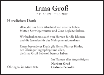 Traueranzeige von Irma Groß 