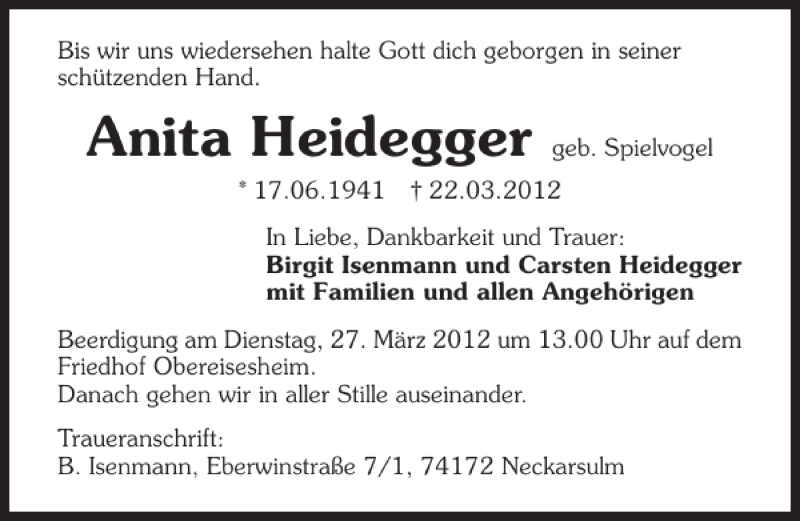  Traueranzeige für Anita Heidegger vom 24.03.2012 aus 