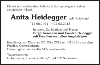 Traueranzeige von Anita Heidegger 