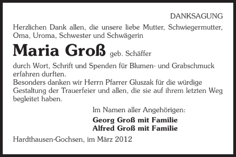  Traueranzeige für Maria Groß vom 26.03.2012 aus 