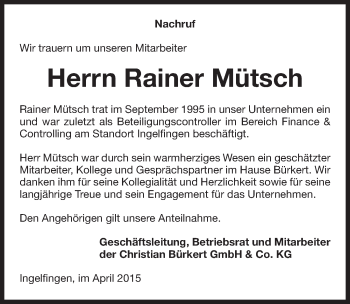 Traueranzeige von Rainer Mütsch 
