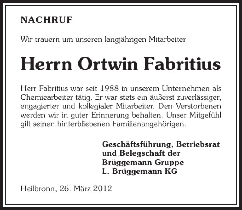  Traueranzeige für Ortwin Fabritius vom 27.03.2012 aus 